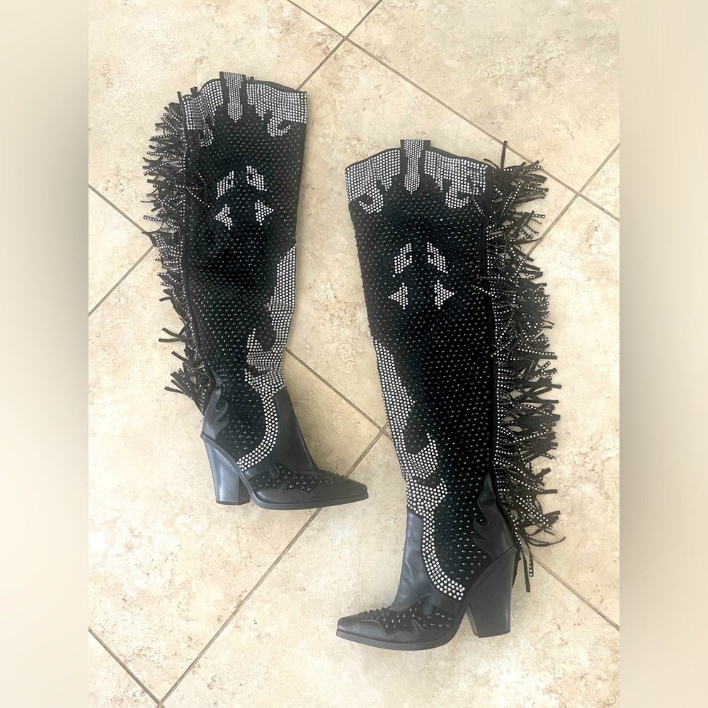 RARE crystal pave thigh high fringe cowboy boots